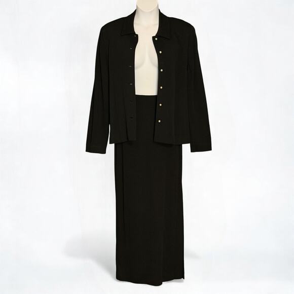 Vintage 90s Doncaster Black Jersey Maxi Skirt Jacket Set Pearl Buttons Size 10 - Picture 2 of 9